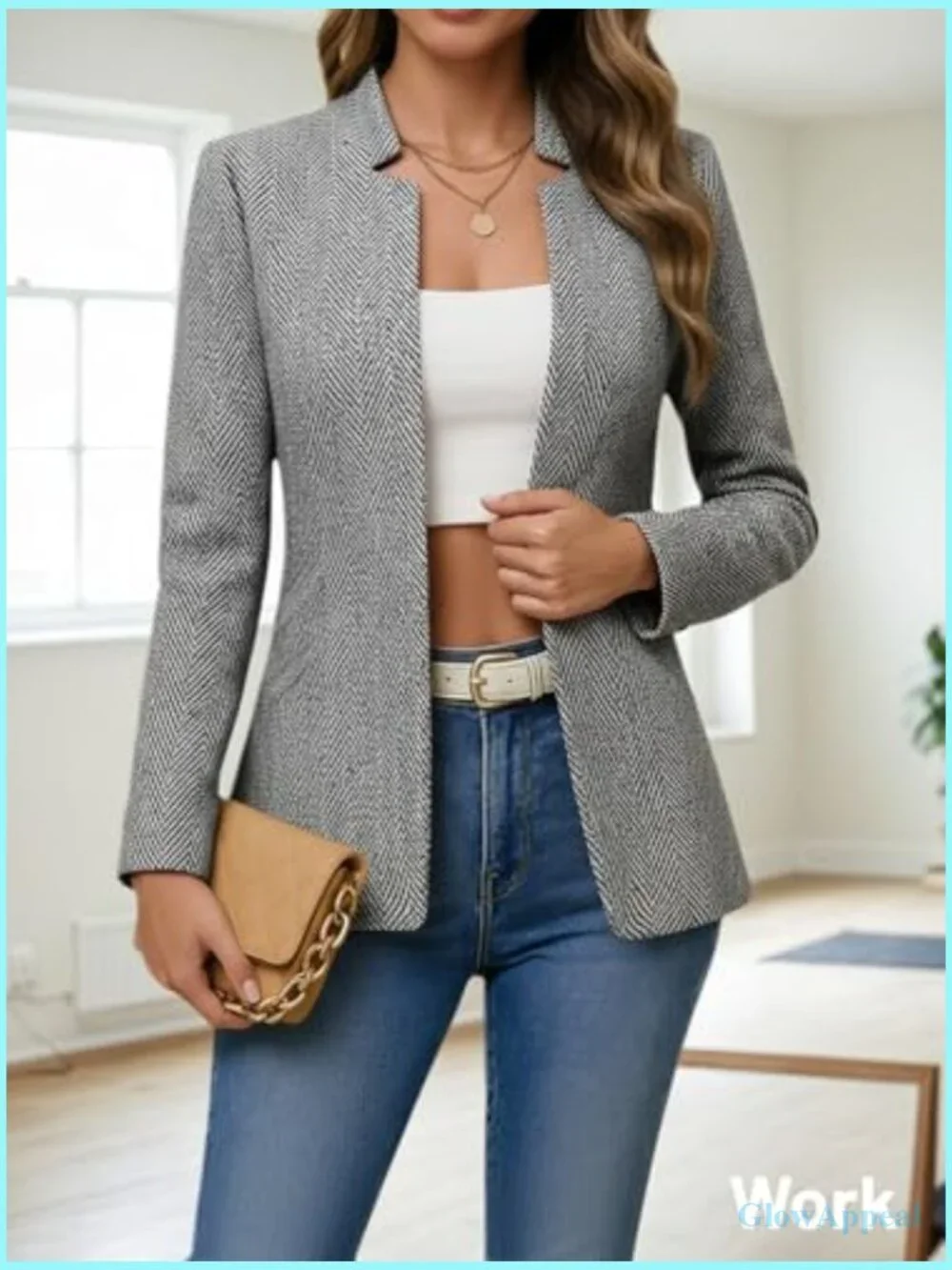 Lightweight Open Front Tweed Blazer - Plaid Stand Collar Lined Casual Work - Picture 3 of 7